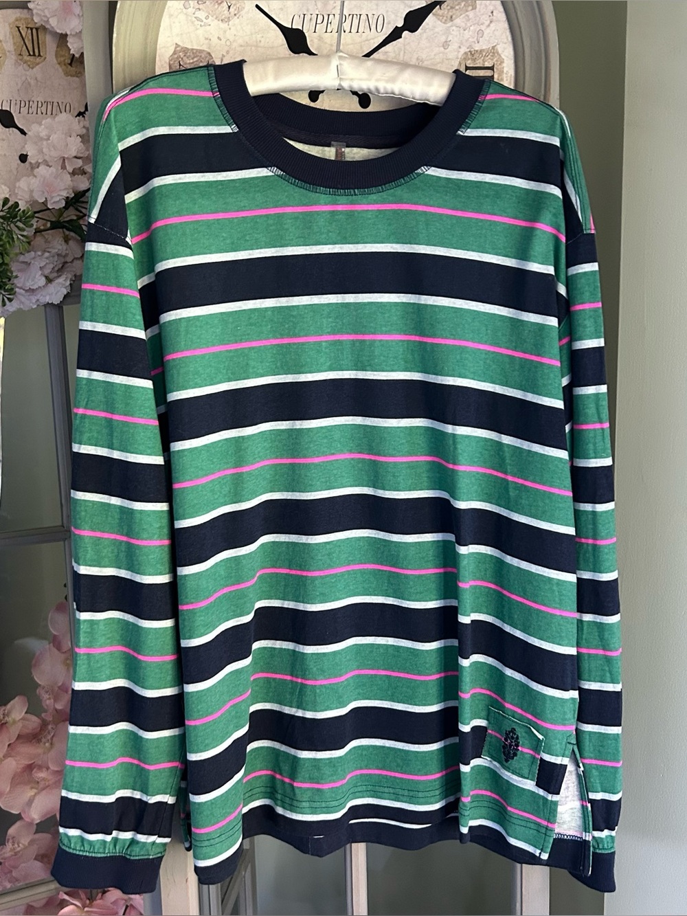 FP Movement Free People Printed Hustle Layer Top Striped Navy Green EUC Size S